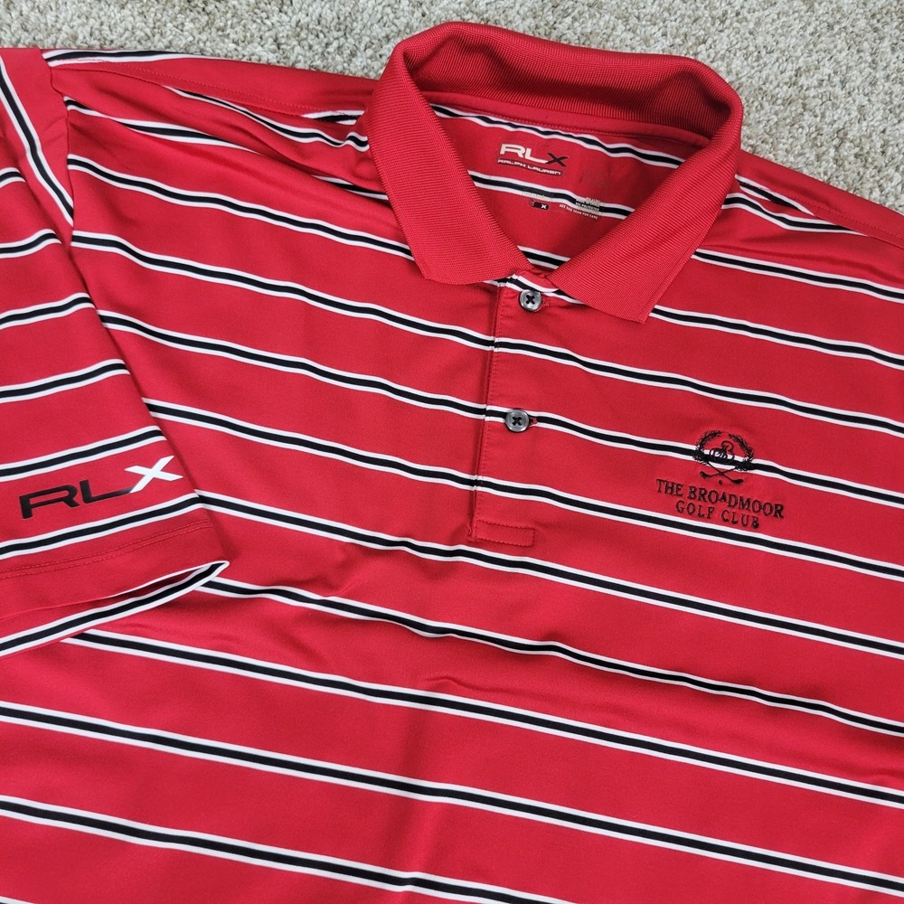 RLX Ralph Lauren Mens XL Red Striped‎ Performance Stretch Polo Short Sleeve